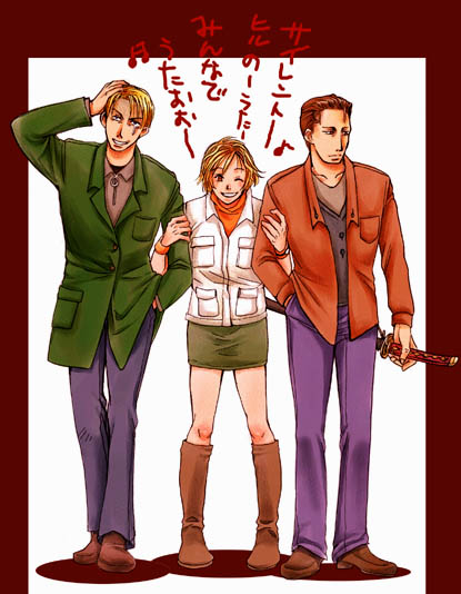 1girl, 2boys, age_difference, blonde_hair, brown_hair, father_and_daughter, harry_mason, heather_mason