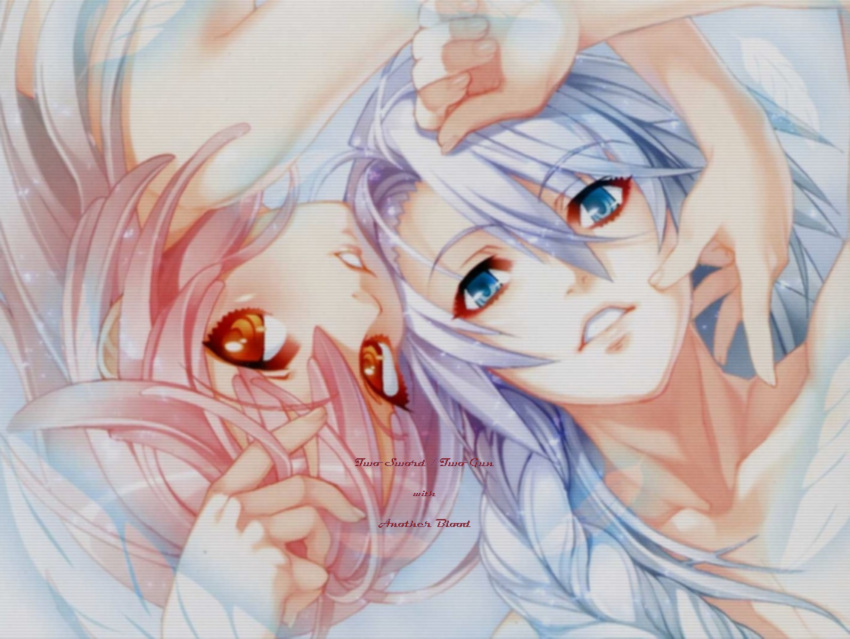 00s, 1boy, 1girl, another_blood, blue_eyes, blue_hair, daijuuji_kuzaku, demonbane, highres, nishii_(nitroplus), red_eyes, redhead
