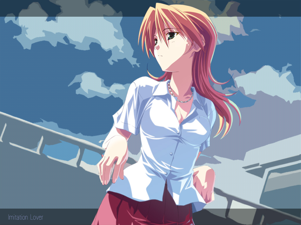 1girl, blonde_hair, breasts, casual, cleavage, clouds, green_eyes, ichinose_kyou