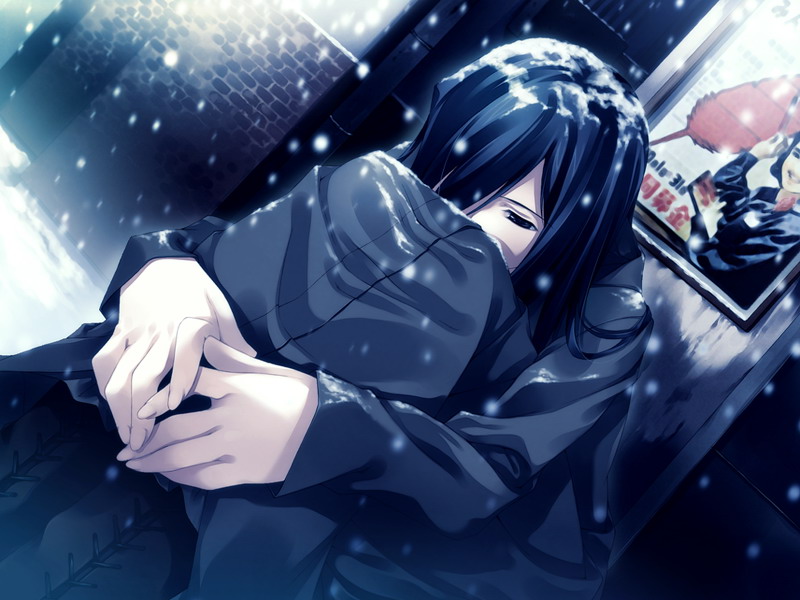 1girl, black_eyes, black_hair, boots, cartagra, chigusa_tokiko, city, cross-laced_footwear, game_cg, grey_eyes, hair_over_one_eye, hands_together, lace-up_boots, leg_hug, long_hair, sad, sad_girl_in_snow, sitting, snow, snowing, solo, sugina_miki, wallpaper