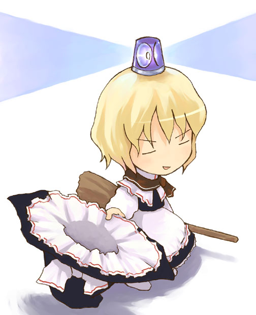 1girl, blonde_hair, broom, chibi, female, hat, hat_removed, headwear_removed