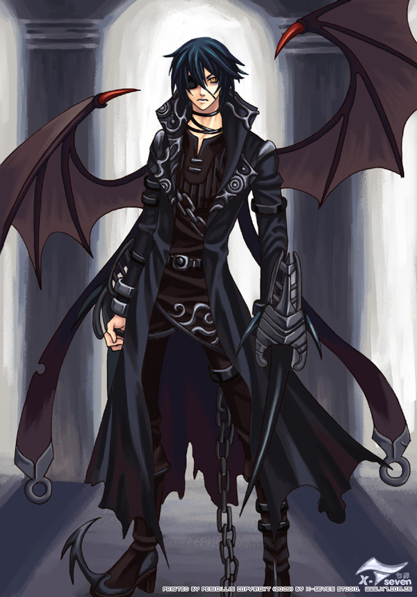 1boy, bat_wings, blue_hair, boots, chains, dark, demon_boy, demon_wings