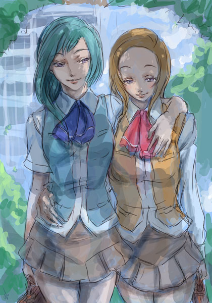 2girls, cosplay, maya_sawamura_anderson, miya_clochette, multiple_girls, my-hime, my-otome, school_uniform