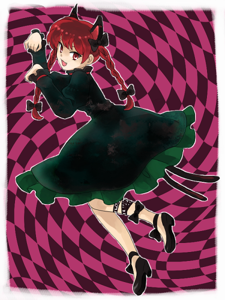 braid, cat_ears, cat_tail, dress, fang, hair_ribbon, kaenbyou_rin, multiple_tails