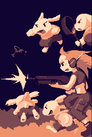 1girl, amaya_daisuke, assault_rifle, curly_brace, doukutsu_monogatari, firing, from_side, frying_pan, gun, headgear, lowres, lying, mimiga, monochrome, official_art, on_stomach, open_mouth, orange_(color), pants, paws, pixel_art, pocket, pot, rifle, robot, running, shirt, sleeveless, sleeveless_shirt, tank_top, weapon