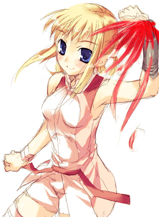 1girl, aquarion_(series), bike_shorts, blonde_hair, blue_eyes, blush, jo_(overture), short_hair