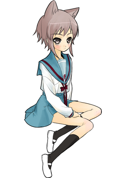 1girl, animal_ears, black_legwear, brown_eyes, cat_ears, expressionless, grey_hair, hand_on_leg