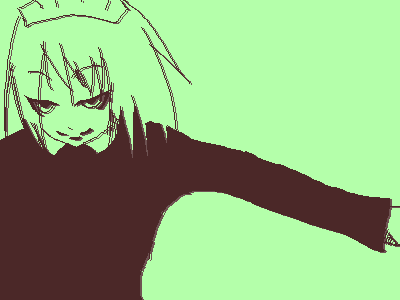 1girl, aliasing, futaba_channel, green_background, iya_maid, long_sleeves, looking_at_viewer, lowres