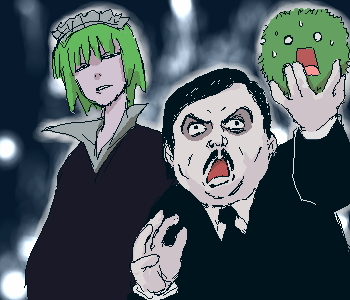 1boy, 1girl, aliasing, bangs, crossover, d:, facial_hair, green_hair, iya_maid, lowres, maid_headdress, marimo, mustache, o_o, oekaki, open_mouth, pale_skin, paul_bearer, scared, short_hair, wwe