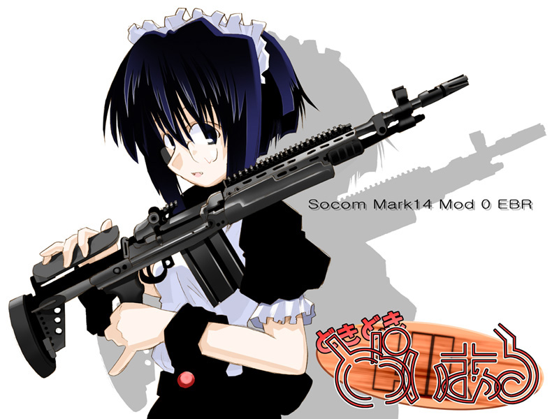 battle_rifle, blue_eyes, blue_hair, combat_maid, excel_(gewalt), fang, glasses, gun