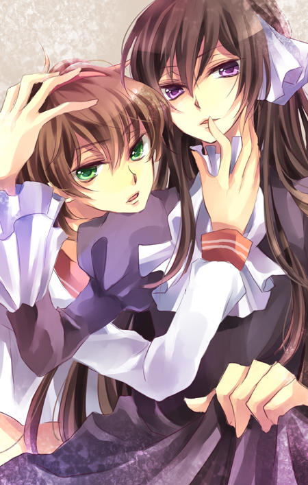 brown_hair, code_geass, crossdressing, crossdressinging, dress, genderswap, green_eyes, karu, kururugi_suzaku, lelouch_lamperouge, luluko, purple_eyes, ruruko, violet_eyes, yuzuki_karu