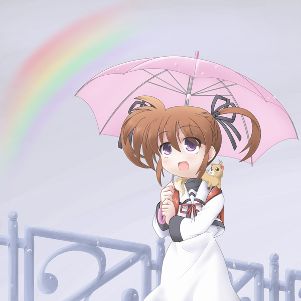 00s, 1girl, aiai, backpack, bag, brown_hair, ferret, hair_ribbon