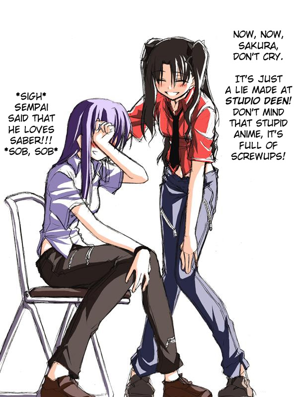 2girls, black_hair, blush, casual, closed_eyes, crying, fake_translation, fate/stay_night