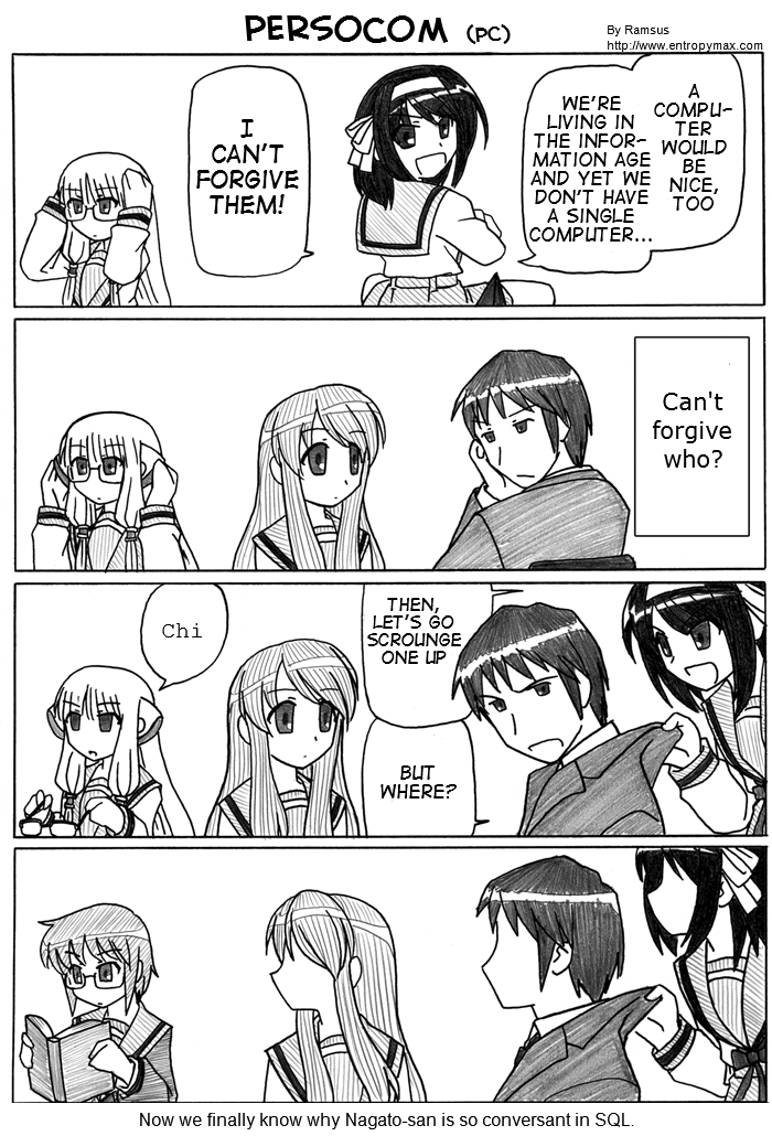 asahina_mikuru, chii, chii_(cosplay), chobits, comic, cosplay, crispin_freeman, crossover, kyon, michelle_ruff, monochrome, nagato_yuki, ramsus, seiyuu_connection, sugita_tomokazu, suzumiya_haruhi, suzumiya_haruhi_no_yuuutsu, translated, translation_request