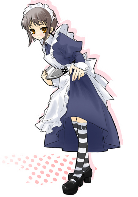 1girl, footwear, grey_hair, holding, holding_tray, kneehighs, leaning_forward, maid