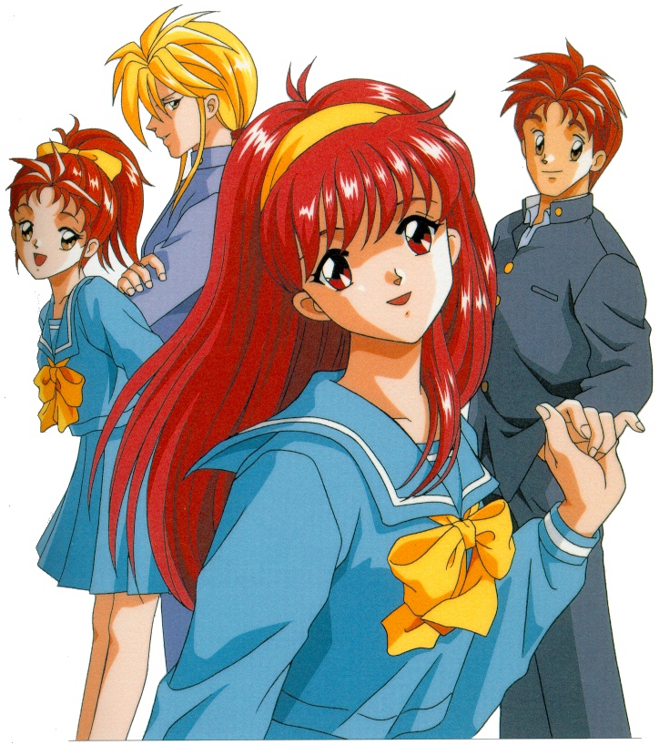 1boy, 3girls, 90s, :d, bangs, blonde_hair, bow, brown_eyes, fingernails, fujisaki_shiori, hair_ribbon, hairband, ijuuin_rei, kokura_masashi, konami, long_hair, long_sleeves, looking_at_viewer, multiple_girls, official_art, oldschool, open_mouth, orange_hair, pleated_skirt, ponytail, profile, red_eyes, redhead, ribbon, saotome_yoshio, saotome_yumi, scan, school_uniform, serafuku, simple_background, skirt, smile, tokimeki_memorial, tokimeki_memorial_1, white_background, yellow_bow