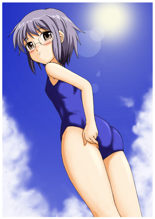 1girl, adjusting_clothes, adjusting_swimsuit, ass, blush, brown_eyes, clouds, flat_chest, from_below, fujimoto_akio, glasses, grey_hair, lens_flare, looking_back, nagato_yuki, one-piece_swimsuit, outdoors, school_swimsuit, short_hair, sky, solo, standing, sun, suzumiya_haruhi_no_yuuutsu, swimsuit, thighs