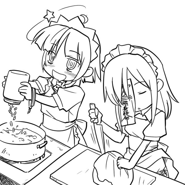 2girls, cooking, drugged, drugs, futaba_channel, hinemosu_notari, monochrome, multiple_girls