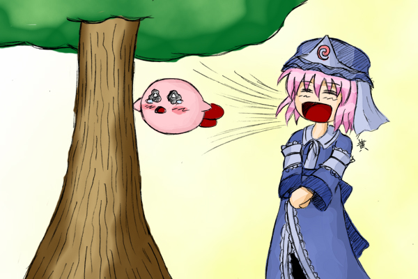 1girl, crossover, hat, inhale, irony, kirby, kirby_(series), role_reversal, saigyouji_yuyuko, solo, tears, touhou, tree, triangular_headpiece, wong