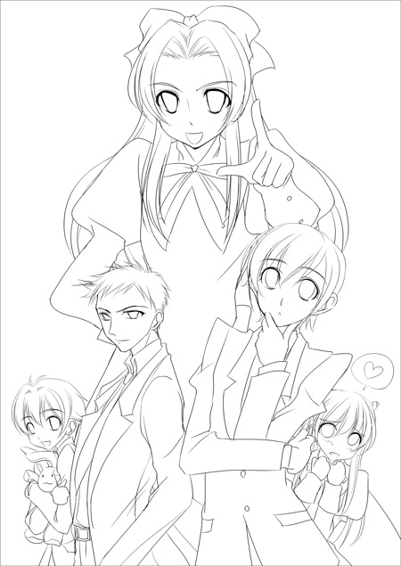 2boys, 3girls, :d, belt, blazer, bow, chin_stroking, crossdressinging