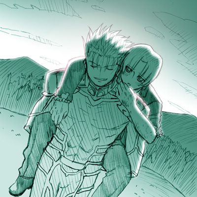 1boy, 1girl, bazett_fraga_mcremitz, bazette, carrying, fate/hollow_ataraxia, fate/stay_night, fate_(series), green, lancer, lowres, monochrome, piggyback, st_parasu