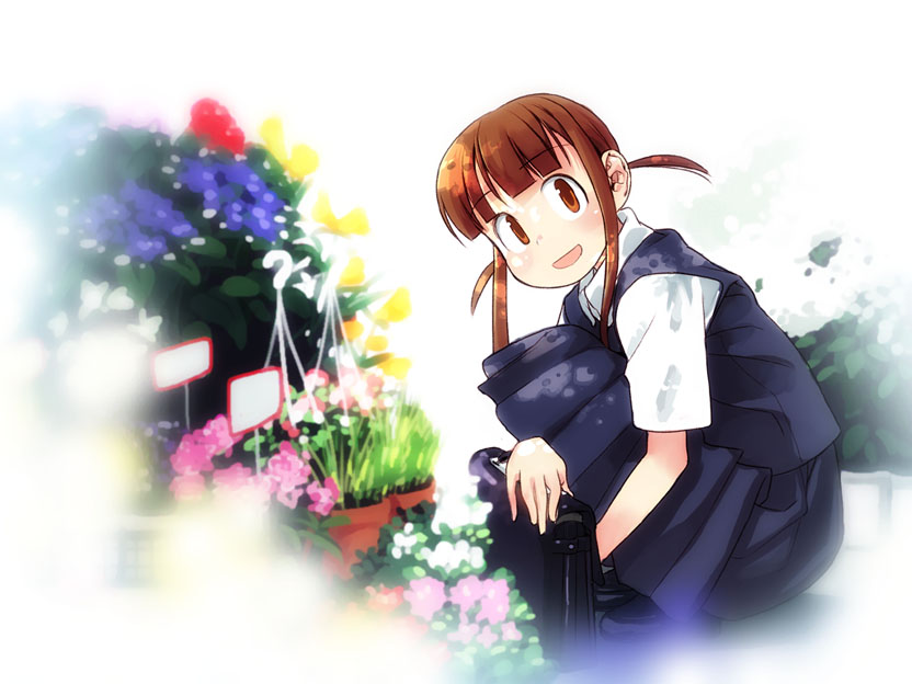 1girl, bag, bouquet, brown_eyes, brown_hair, flower, flower_pot, home_room, looking_at_viewer, nagatsuki_misoka, original, plant, potted_plant, school_bag, school_uniform, serafuku, solo, squatting