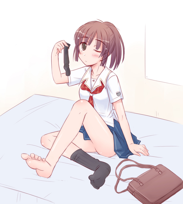 1girl, arm_support, bag, bed, brown_eyes, brown_hair, emon, feet
