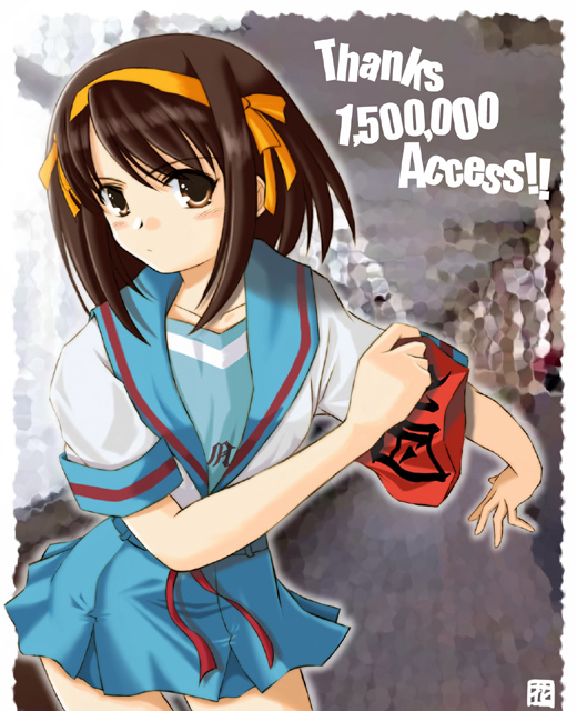 armband, brown_hair, hana_(hana_mo_arashi_mo), hits, school_uniform, serafuku, short_hair, suzumiya_haruhi