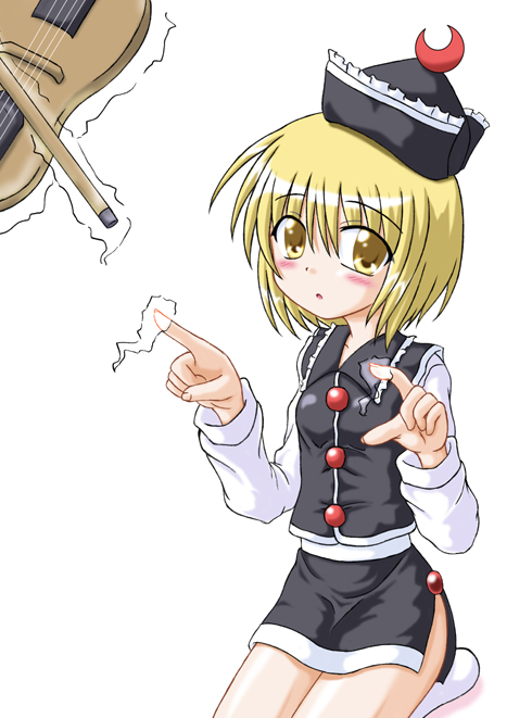 1girl, blonde_hair, blush, female, hat, inasaki_shirau, index_finger_raised, instrument