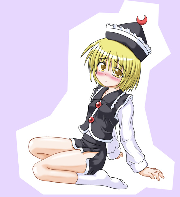 1girl, arm_support, blonde_hair, blush, embarrassed, female, footwear, hat