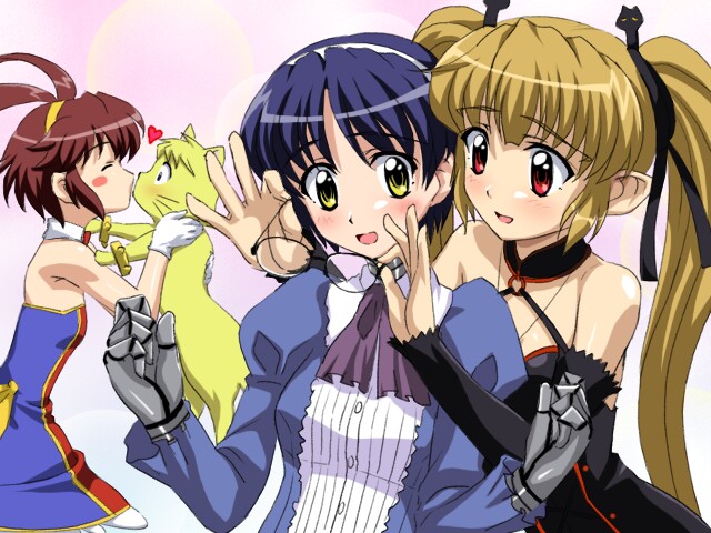 3girls, aiko, aiko_(renkin_san-kyuu_magical_pokaan), ascot, blue_dress, blue_hair, blush, blush_stickers, brown_hair, closed_eyes, detached_collar, detached_sleeves, dress, everyone, glasses, gloves, hairband, heart, juliet_sleeves, kiss, light_brown_hair, liru, long_sleeves, multiple_girls, pachira, pointy_ears, puffy_sleeves, red_eyes, renkin_san-kyuu_magical_pokaan, robot_joints, sanshita, short_hair, studded_bracelet, uma, whiskers, white_gloves, wolf, yellow_eyes, yuri