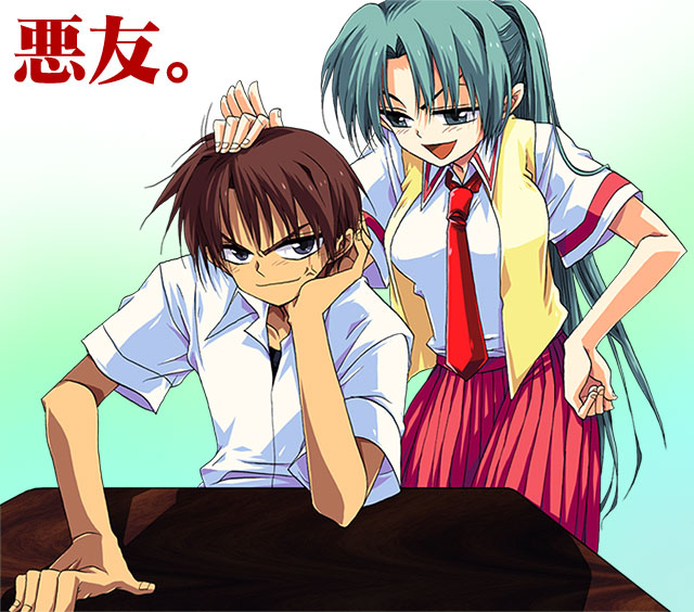 1boy, 1girl, anger_vein, annoyed, chin_rest, fujitaka_(akasora), green_hair, grin