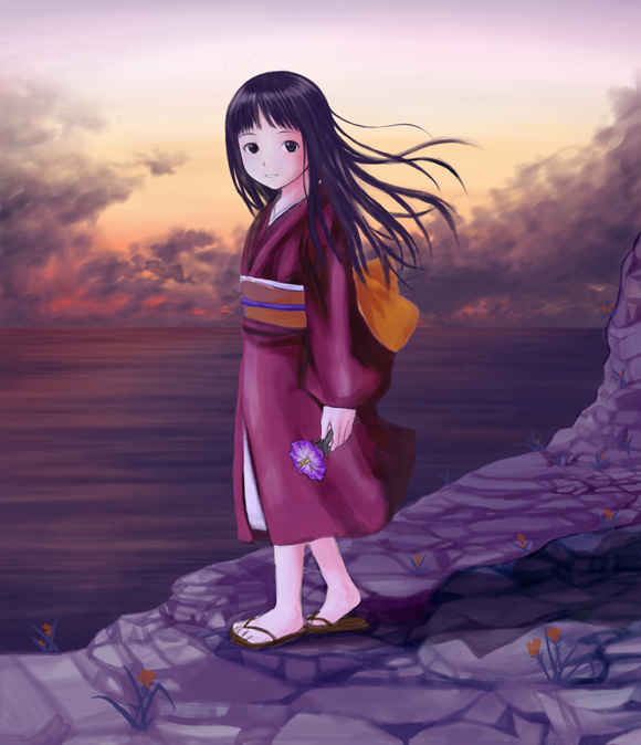 1girl, akoya_(mushishi), clouds, flower, japanese_clothes, kimono, long_hair, looking_at_viewer, mushishi, ocean, sky, solo, sunset, water