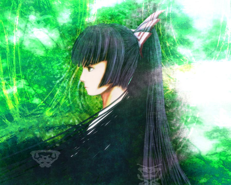 1girl, aojiru_(shiro_to_kuro_no_mukyou), aoziru, black_hair, bow, female, fujiwara_no_mokou, hair_bow