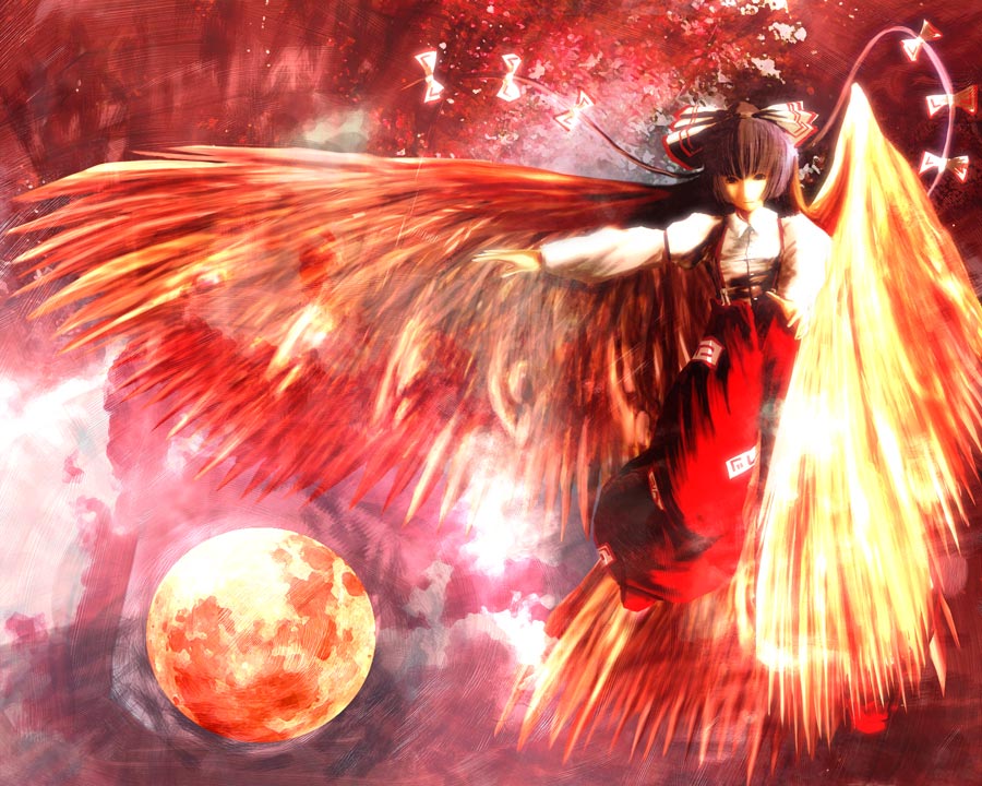 1girl, aojiru_(shiro_to_kuro_no_mukyou), aoziru, bow, female, fiery_wings, fujiwara_no_mokou, full_moon