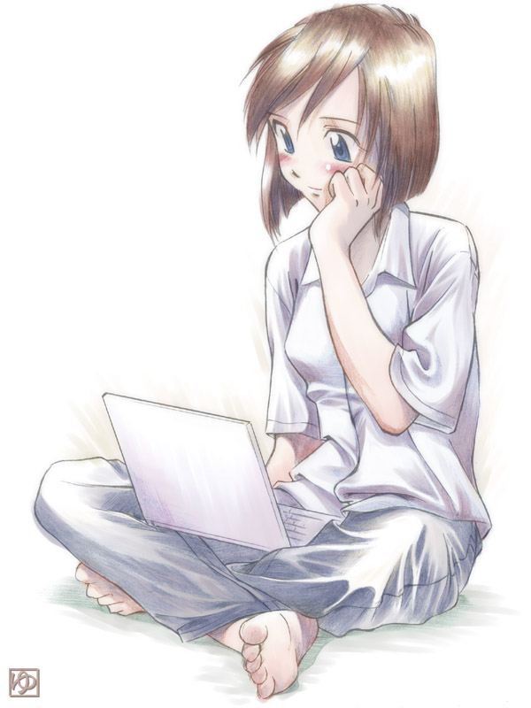 1girl, barefoot, blue_eyes, blush, brown_hair, computer, feet, hand_on_own_face, hatako, indian_style, iuro, laptop, original, pants, shirt, short_hair, sitting, solo, white_shirt