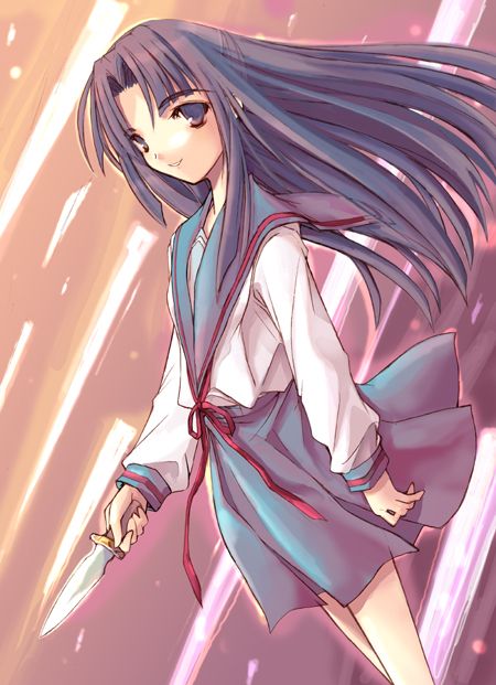 1girl, asakura_ryouko, blue_eyes, blue_hair, from_side, holding, holding_knife, knife