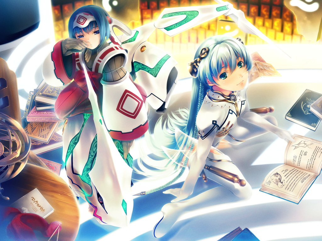 2girls, android, ar_tonelico, ar_tonelico_i, blue_eyes, blue_hair, book, braid, chair, elma, green_eyes, gust, long_hair, mei_mei_(ar_tonelico), meimei_(ar_tonelico), multiple_girls, open_book, rabbit, short_hair, shurelia, simosi, tired, wallpaper