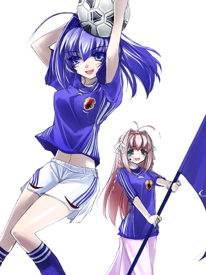 00s, 2006_fifa_world_cup, 2girls, ahoge, antenna_hair, blue_eyes, blue_hair, braid