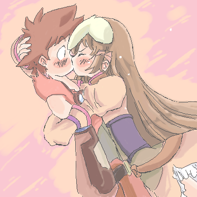 1boy, 1girl, blush, closed_eyes, dutch_angle, hand_on_another's_head, hand_on_head, hug, kiss, lowres, re_mii, ruuji_familon, zoids, zoids_genesis
