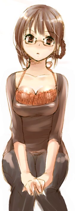 1girl, braid, breasts, brown_eyes, brown_hair, cleavage, curvy, glasses