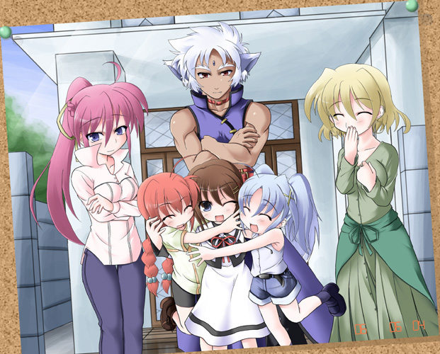 1boy, 5girls, aiai, animal_ears, bike_shorts, blonde_hair, blue_eyes, blue_hair, braid, brown_hair, child, closed_eyes, collar, covering_mouth, crossed_arms, dark_skin, denim, denim_shorts, dog_ears, dress, dress_shirt, facial_mark, forehead_mark, group_hug, group_picture, hair_between_eyes, hand_over_own_mouth, house, hug, jeans, long_dress, long_hair, lyrical_nanoha, mahou_shoujo_lyrical_nanoha, mahou_shoujo_lyrical_nanoha_a's, multiple_girls, muscle, outdoors, pants, photo_(object), pink_hair, ponytail, red_eyes, redhead, reinforce_zwei, school_uniform, shamal, shirt, short_hair, shorts, signum, standing, standing_on_one_leg, twin_braids, very_long_hair, vita, white_hair, yagami_hayate, zafira
