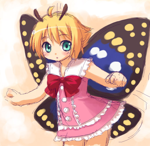 1boy, 1girl, antennae, aqua_eyes, blonde_hair, butterfly, clenched_hands, crossdressinging