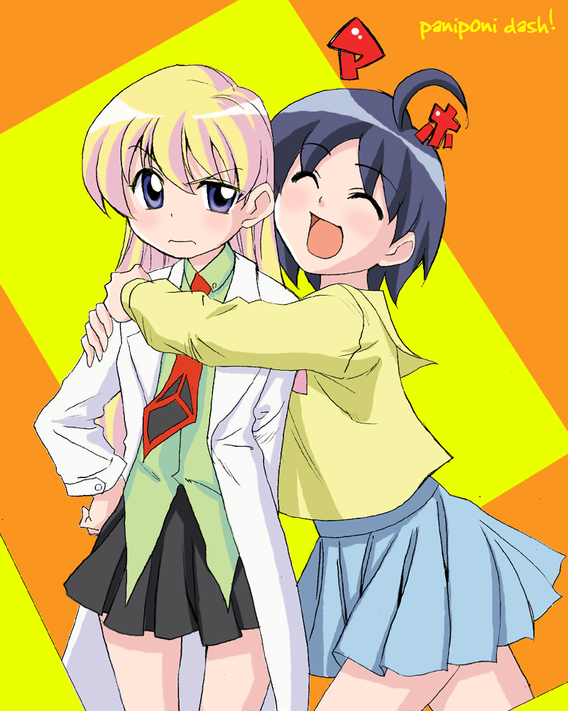 2girls, ^_^, ahoge, annoyed, black_skirt, blonde_hair, blouse, blue_hair