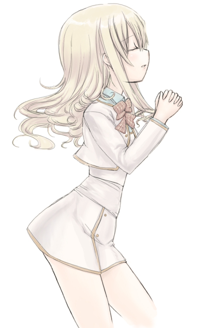 1girl, blonde_hair, blush, bow, bowtie, chaudlapin, closed_eyes, from_side, hands_clasped, hands_together, interlocked_fingers, konohana_hikari, long_sleeves, miniskirt, no_pants, parted_lips, praying, red_bow, school_uniform, simple_background, skirt, solo, standing, strawberry_panic!, uniform, white_background
