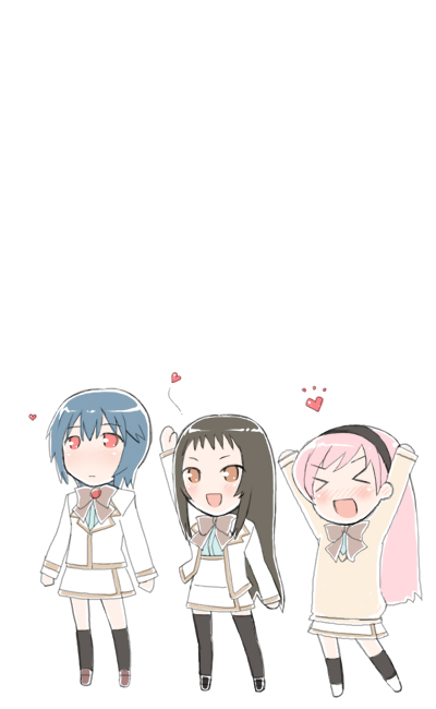 >_<, 3girls, :d, arms_up, black_legwear, blue_hair, blush, bow