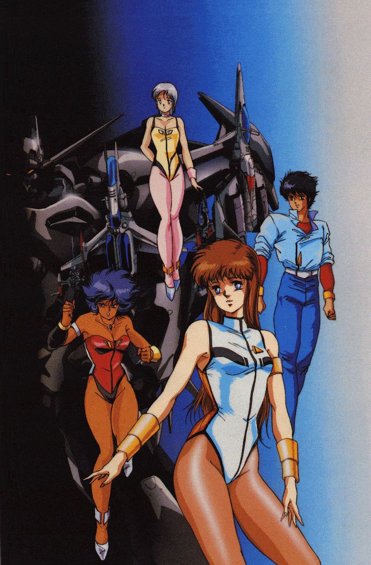 1boy, 3girls, 80s, angry, armlet, bare_shoulders, belt, black_hair