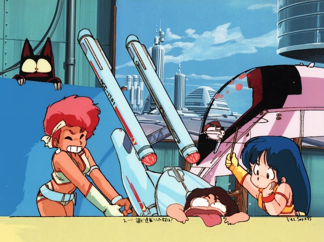 1boy, 2girls, 80s, chibi, city, clouds, crossover, dark_skin