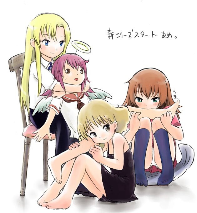 4girls, barefoot, cosplay, crossover, feet, haibane_renmei, hirohashi_ryou, kaleido_star