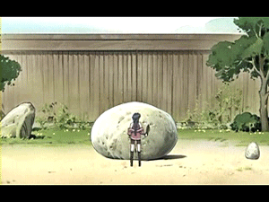2girls, 5boys, animated, animated_gif, episode10, karura_(utawareru_mono), letterboxed, lowres, multiple_boys, multiple_girls, outdoors, rock, screencap, sword, utawareru_mono, weapon